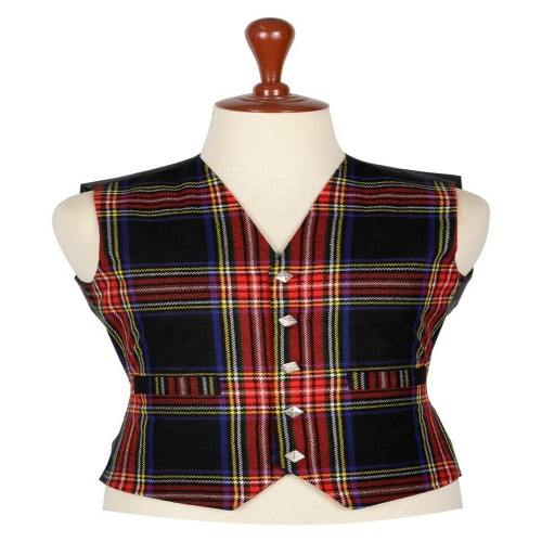 Men Fashions Black Stewart Tartan Waistcoat Vest V Neck Plaid Pattern Slim Fit Thistle Buttons 